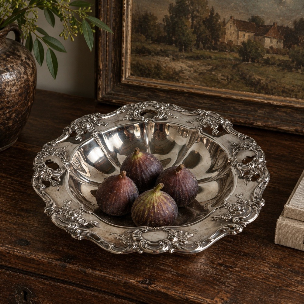 Vintage Towle Old Master Silverplate Scalloped Bowl Roses Scrolls 11 Inch Floral